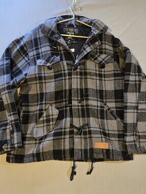 Crooks & Castles Black and Gray Plaid Toggle Coat Wool Blend